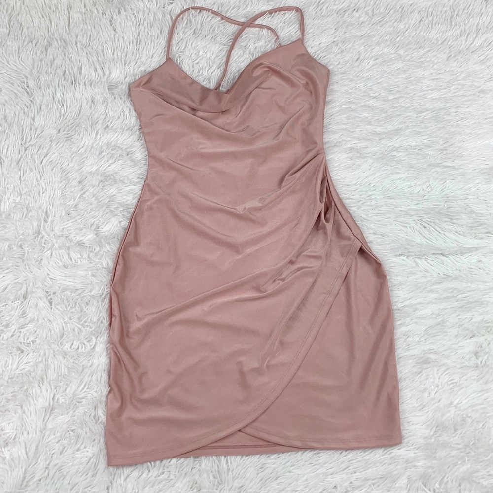 Windsor spaghetti strap cowl neck body con mini dress in mauve faux wrap